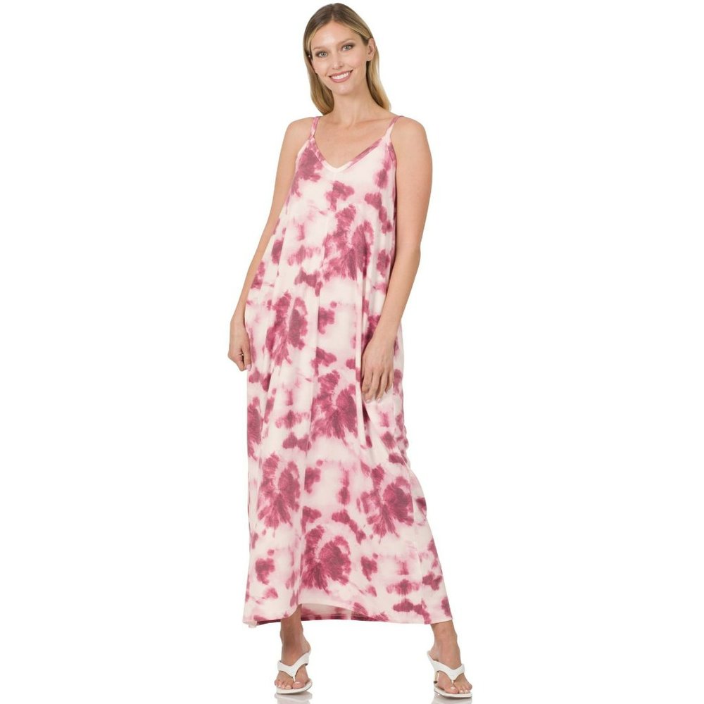 Zenana V Neck French Terry Maxi dress with pockets Luxe